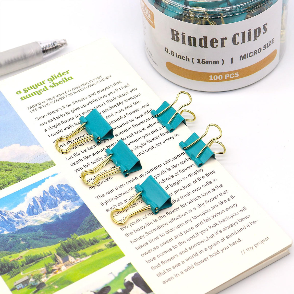 Binder Clips, Mini Paper Clip, Small Paper Clamps 15mm (5/8 inch), 100 Pack Micro Size Office Clips