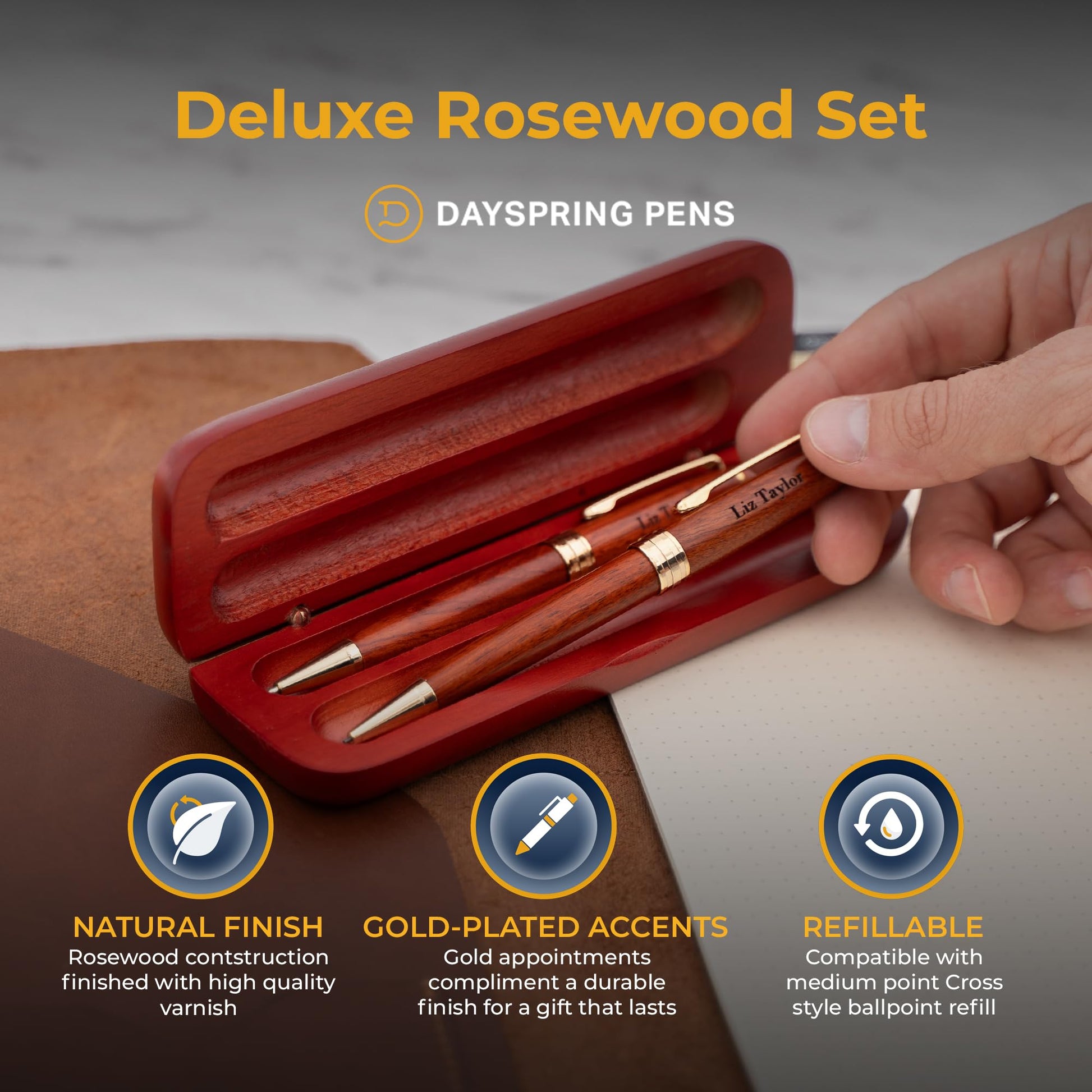 Dayspring Pens Personalized Rosewood Pen and Pencil Set with Wood Case