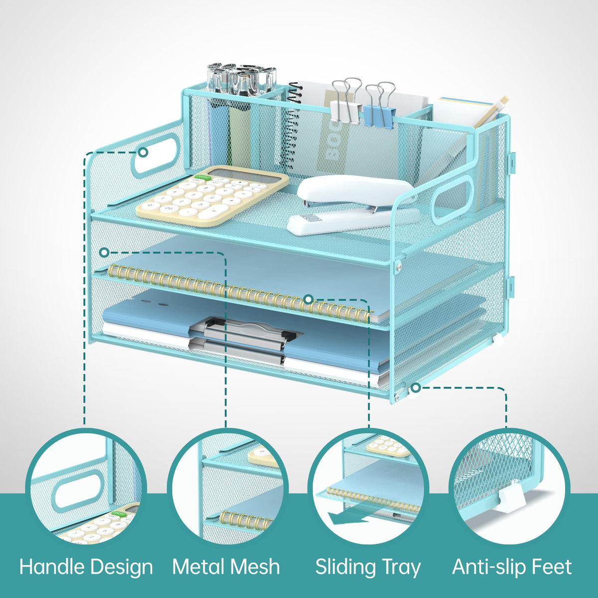 3-Tier Desk Organizer with Pen Holder and Handles, Paper Organizer, Blue