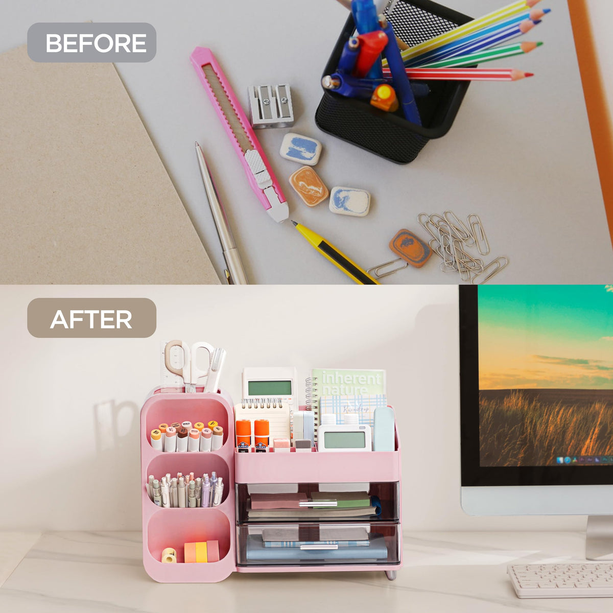 HBlife Desk Organizer with Pen Pencil Holder for Desk, Pen Organizer with 2 Drawers, Desk