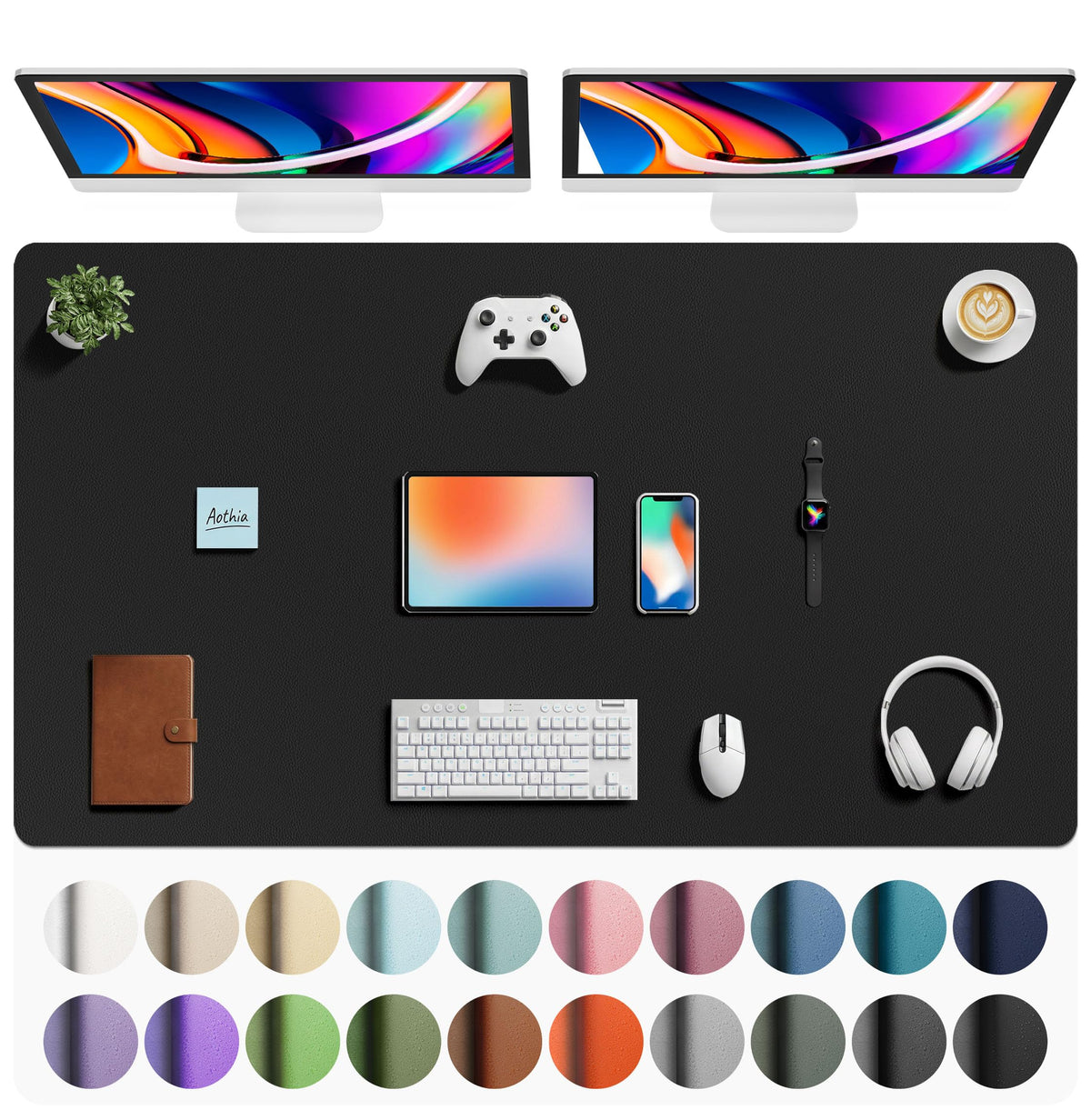Aothia Faux Leather Desk Mat - Large Mouse Pad, Non-Slip PU Leather Blotter, Waterproof Writing