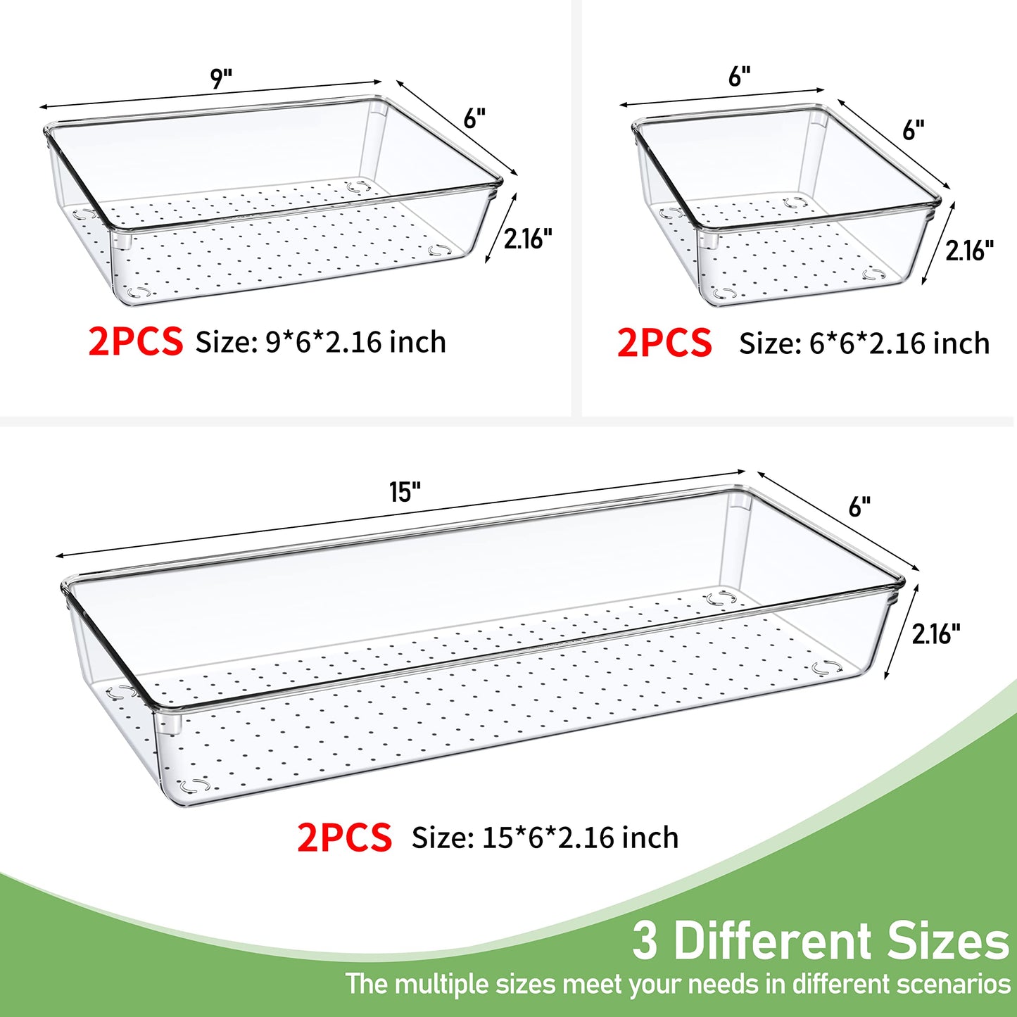 DUHARS 6 PCS Clear Plastic Drawer Organizer, Large 15" X 6" 3-Size Acrylic Stackable Kitchen Drawer