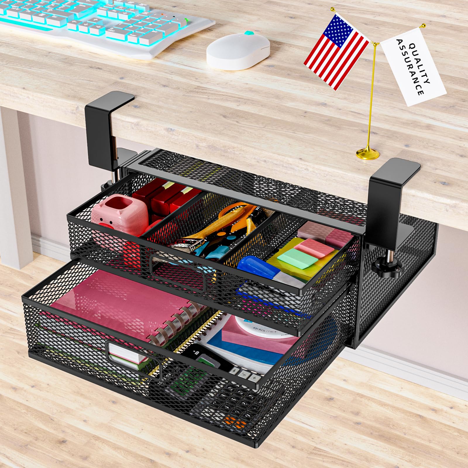 SEYHAKI Under Desk Drawer Organizer No Drilling Under Desk Storage Drawer Organizer Metal Under