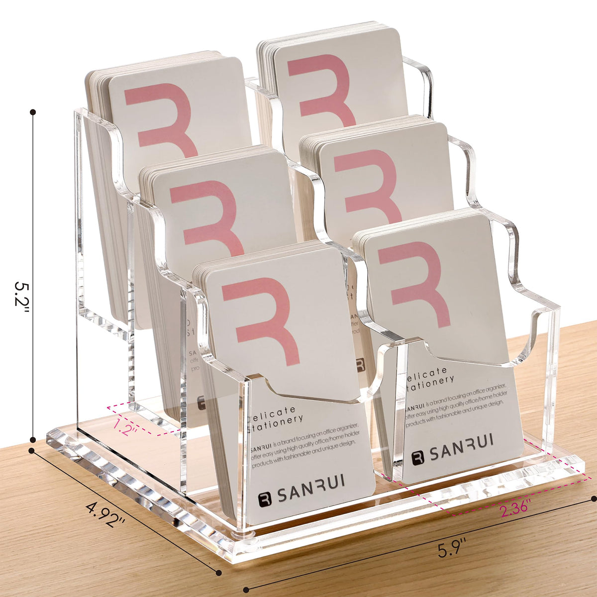SANRUI Vertical Business Card Holder for Desk，Clear Acrylic Business Card Display Stand，6 Slots 3