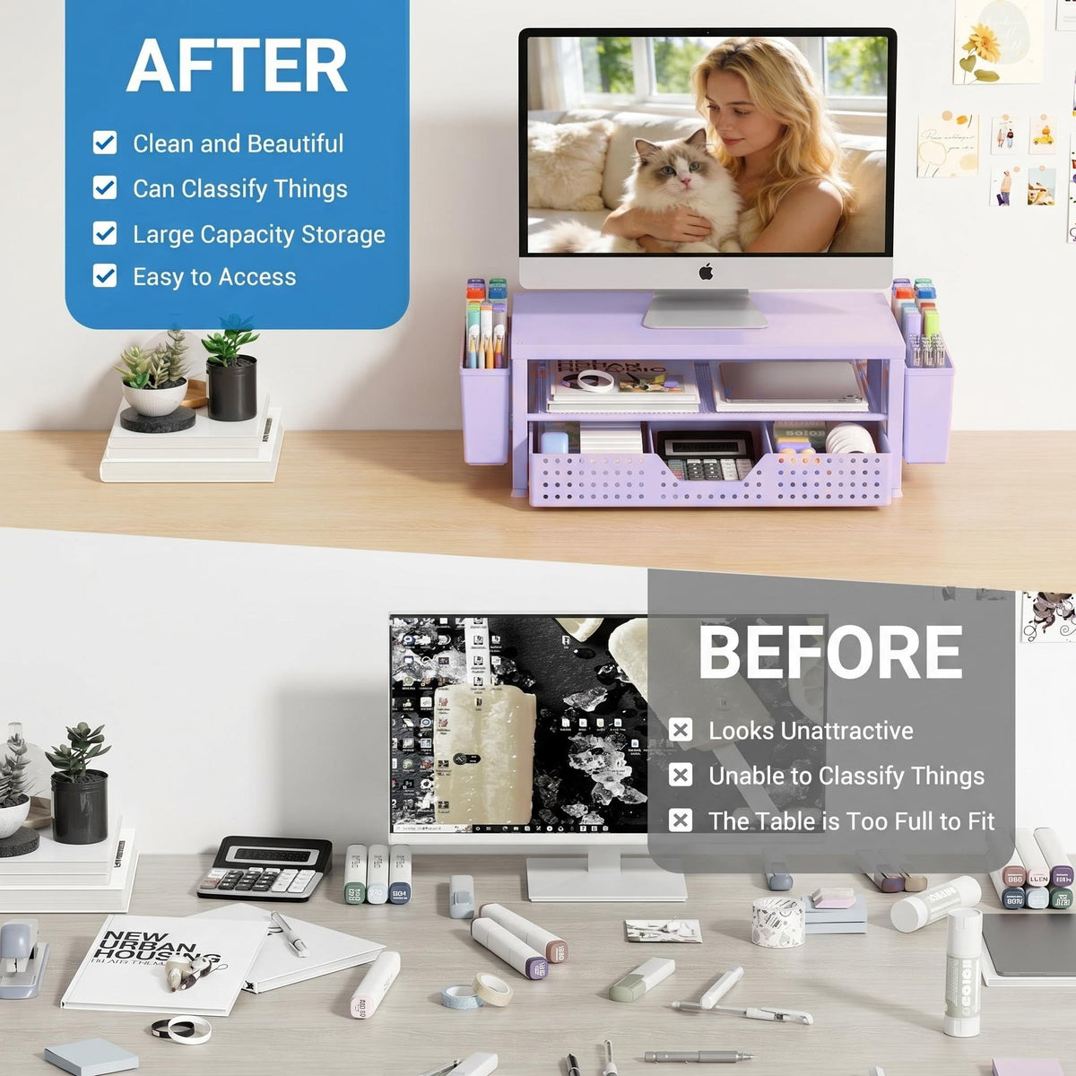 OPNICE Desk Organizers and Accessories, Computer Monitor Stand Riser with Drawer and 2 Pen Holders