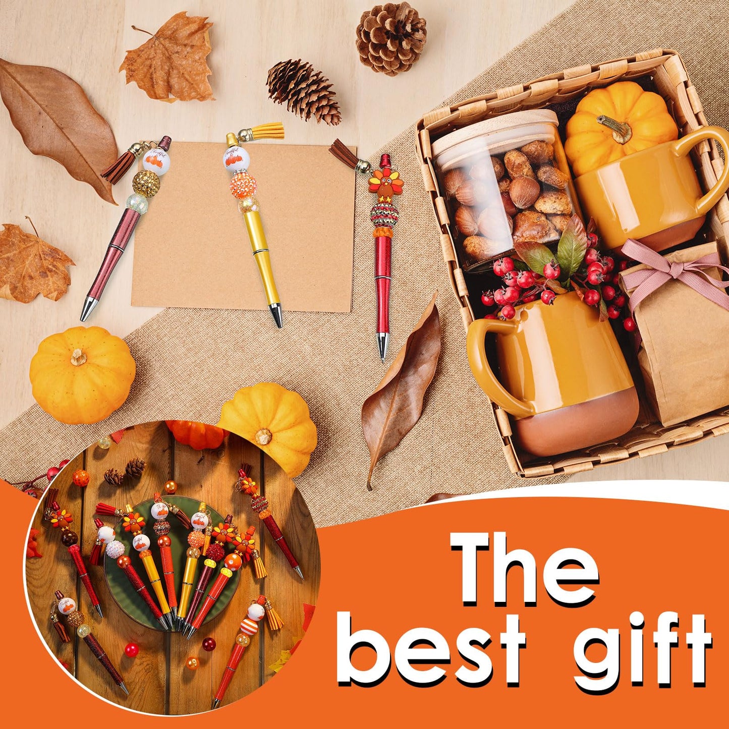 Jutom 12 Thanksgiving Bead Pens DIY Kit 50 Beads 12 Tassels Turkey Pendants