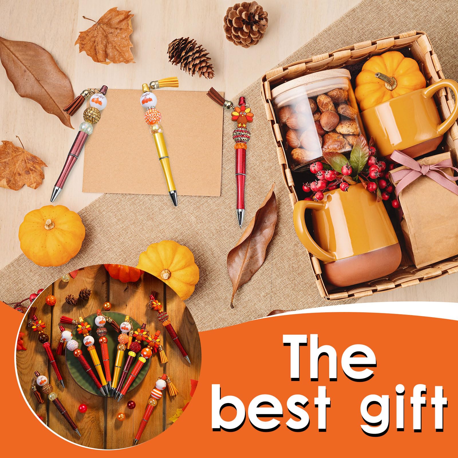 Jutom 12 Thanksgiving Bead Pens DIY Kit 50 Beads 12 Tassels Turkey Pendants