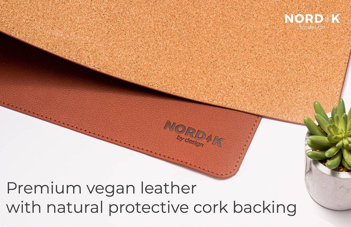 Nordik Leather Desk Mat - Cork Whiskey Brown - Leather Desk Pad 35x17 in