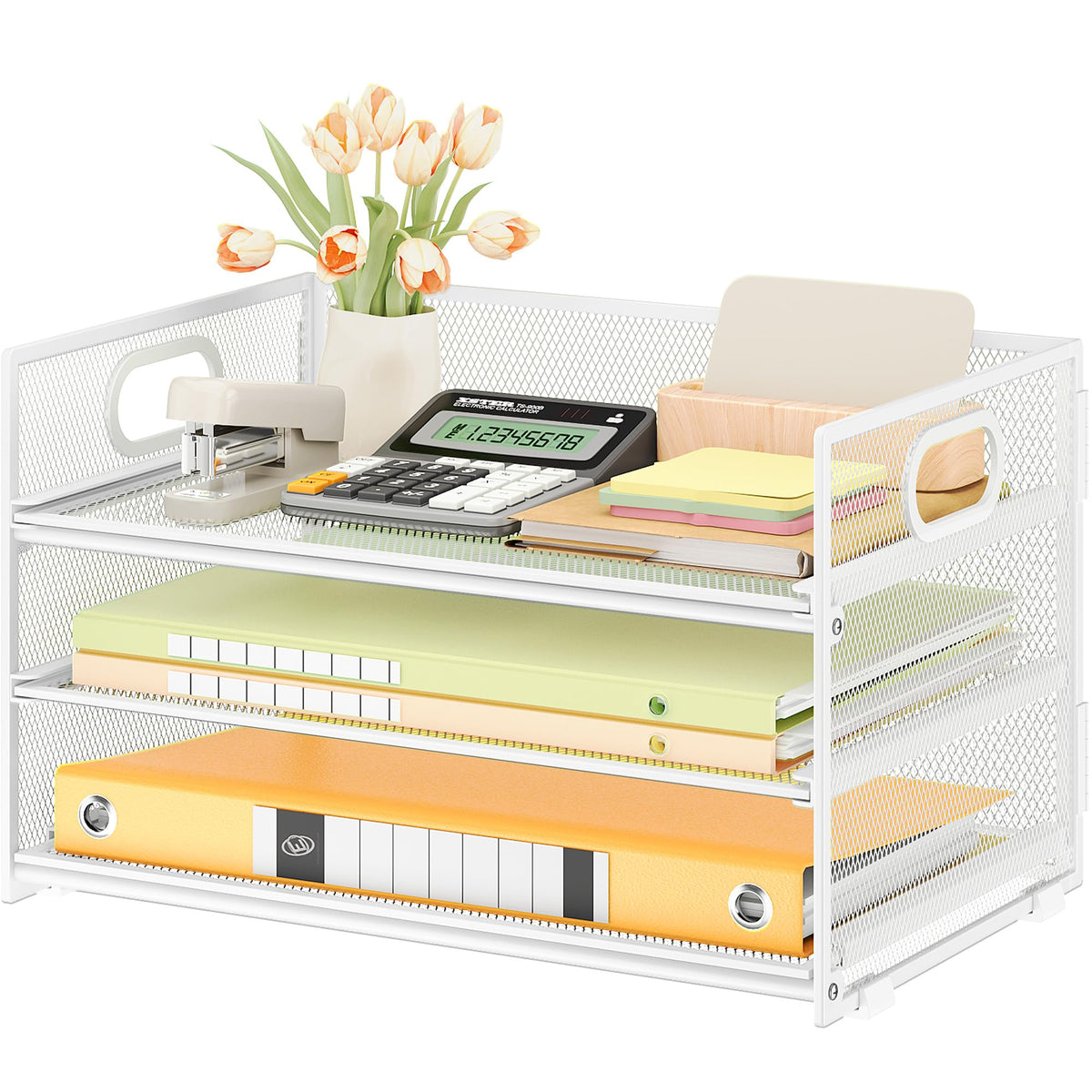 Subekyu 3 Tier Letter Tray Paper Organizer with Handle, 1 PC Sliding Tray, White Metal Mesh Desk