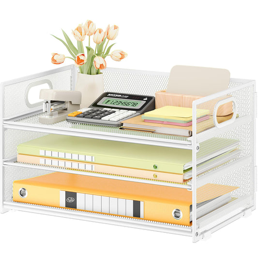 Subekyu 3 Tier Letter Tray Paper Organizer with Handle, 1 PC Sliding Tray, White Metal Mesh Desk