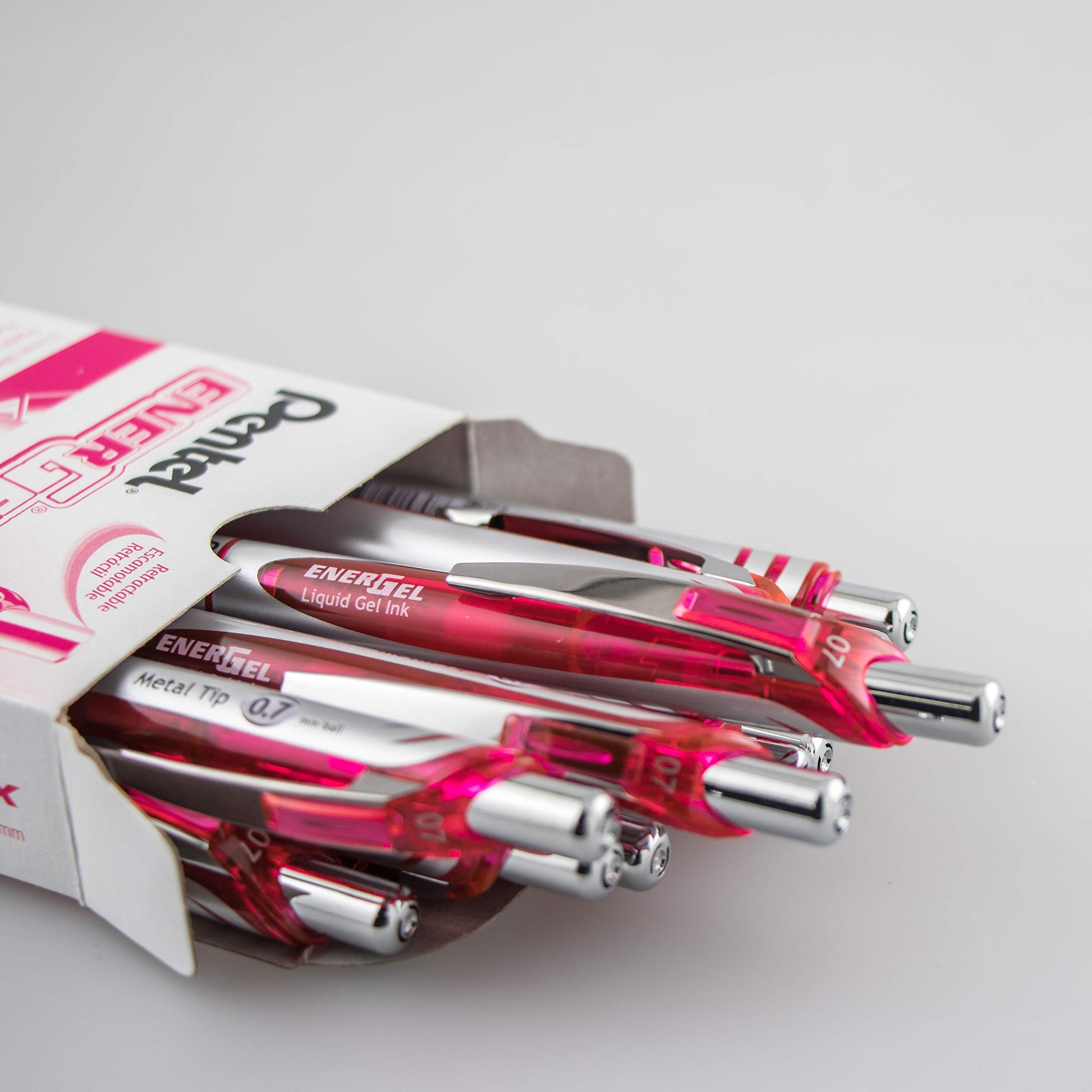 Pentel EnerGel Deluxe RTX Retractable Liquid Gel Pen, Medium Line, Metal Tip, Pink Ink, Box of 12