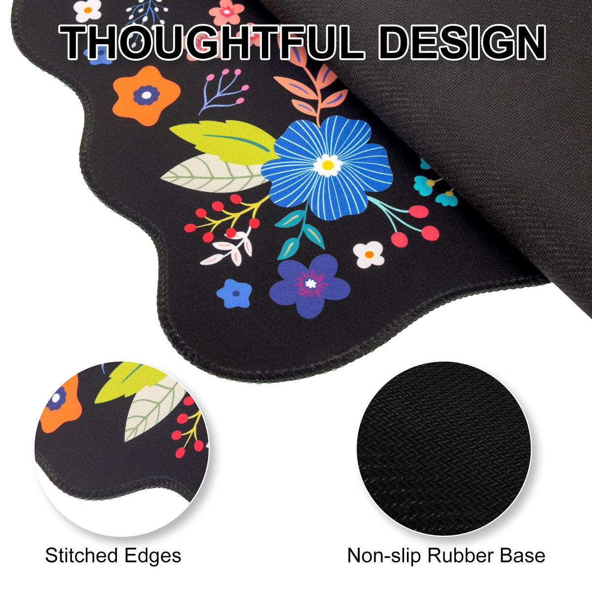 L-SPOUTTO Floral Mouse Pad, Black Scalloped Desk Mat XXL Gaming Mousepad