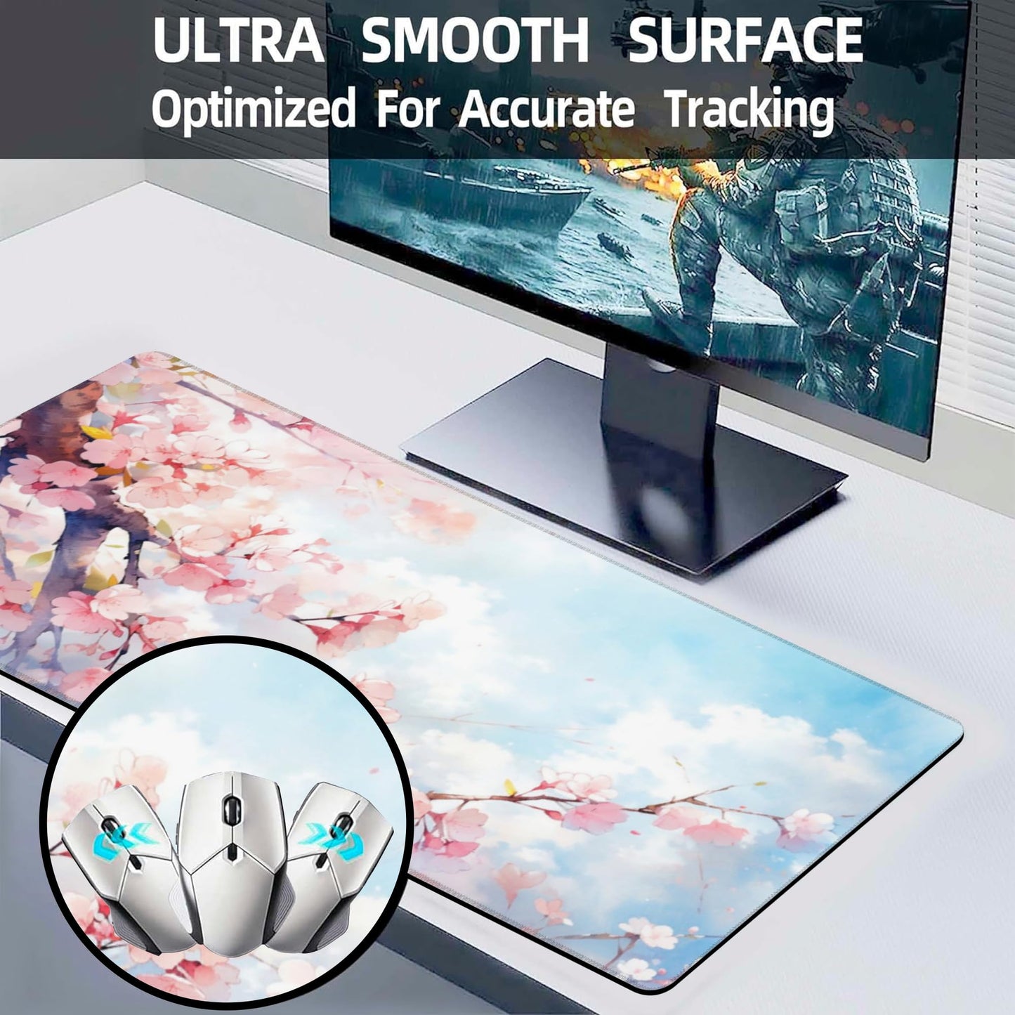 Large Gaming Mouse Pad for Desk,Cherry Blossom Tree Desk Mat for Desktop,Watercolor Floral Desk