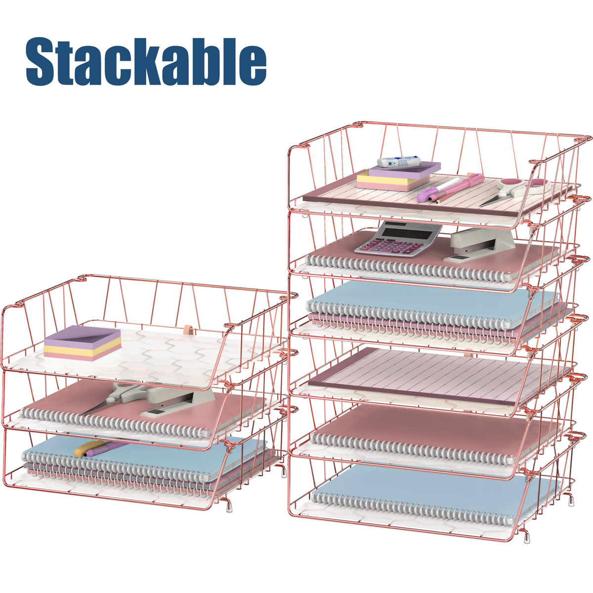 Simple Houseware Stackable Wide Entry Letter Tray, Wire Grid, Rose Gold