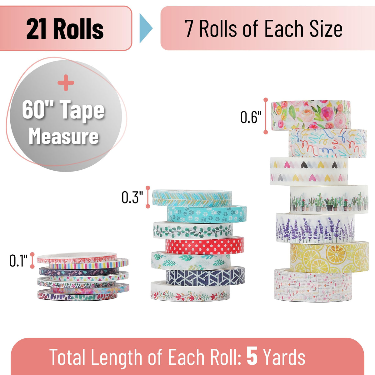 Mr. Pen- Washi Tape Set, 21 Rolls, Assorted Sizes, Floral