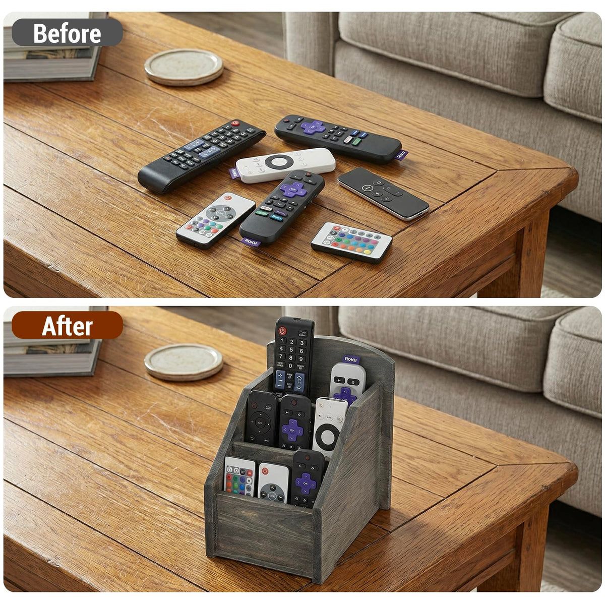 MyGift Rustic Gray Wood Remote Control Holder, 3 Compartment Caddy