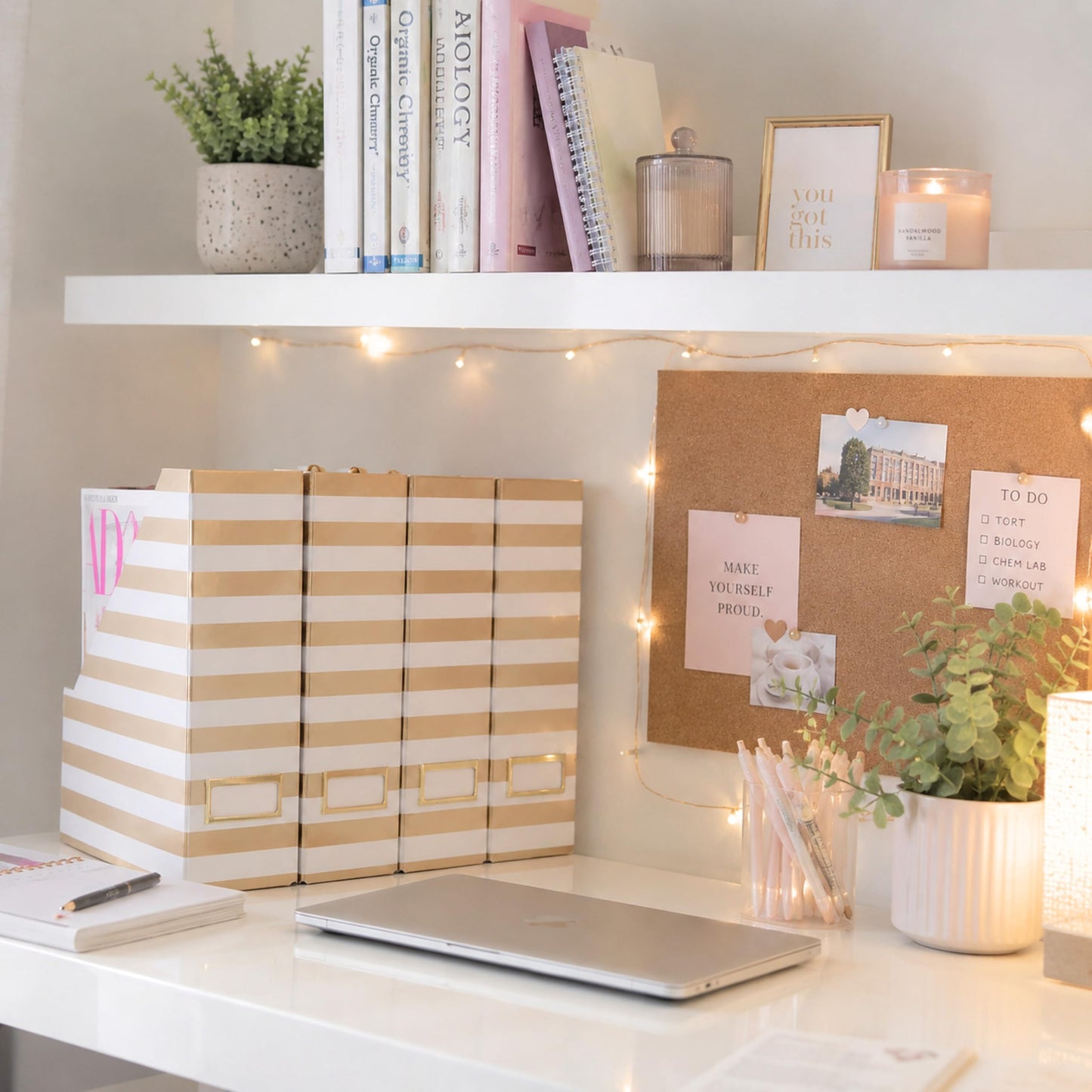 BLU MONACO | Cardboard Magazine File Holder Set of 4 Gold White Stripes | Vertical Magazine File