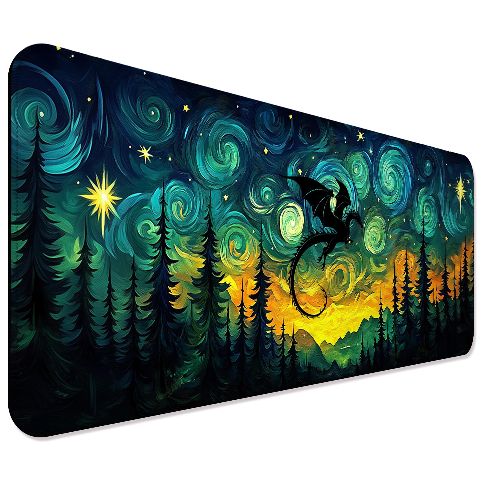 JIANG100 Starry Night Forest Dragon Gaming Desk Mat, XL Extended Mouse Pad
