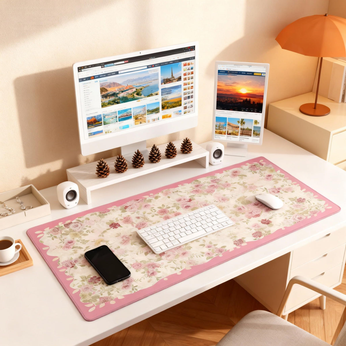 Aesthetic Floral Desk Pad for Women, Pink XXL Large Mouse Pad with Stitched Edges, Non-Slip Office
