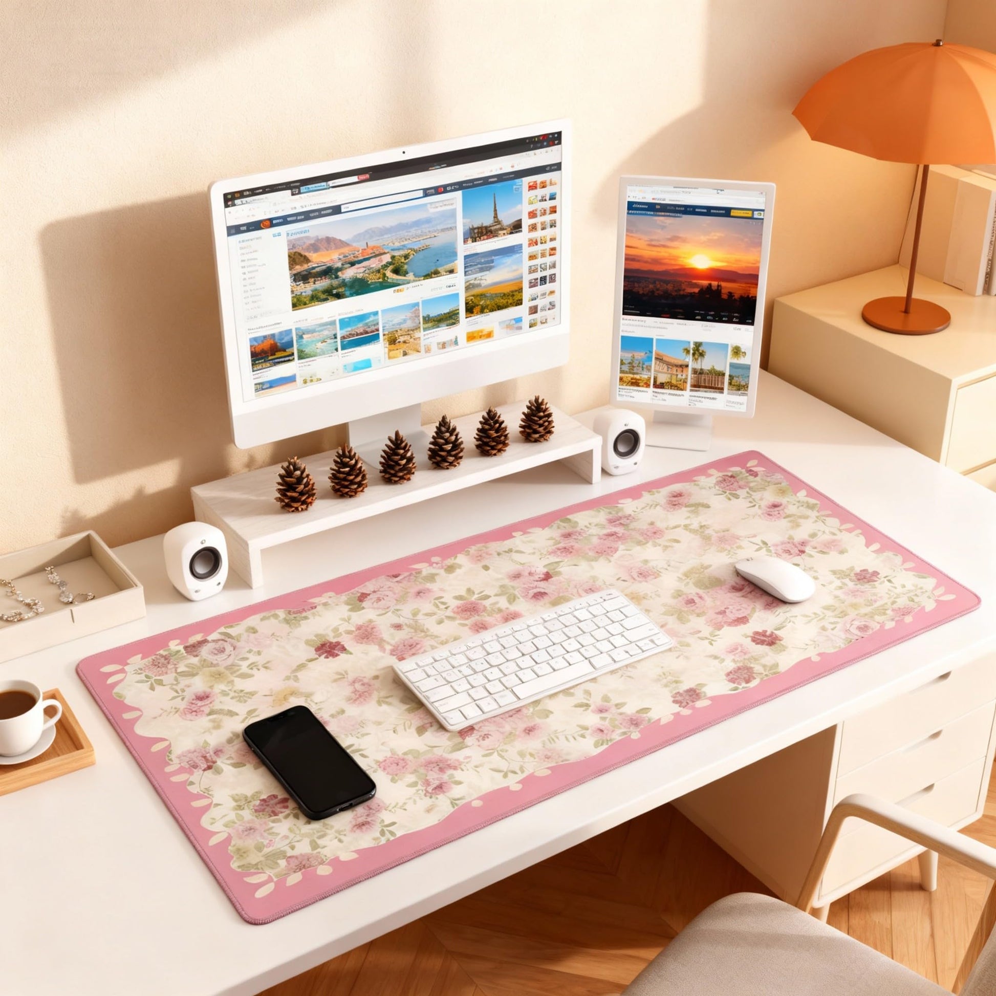 Aesthetic Floral Desk Pad for Women, Pink XXL Large Mouse Pad with Stitched Edges, Non-Slip Office