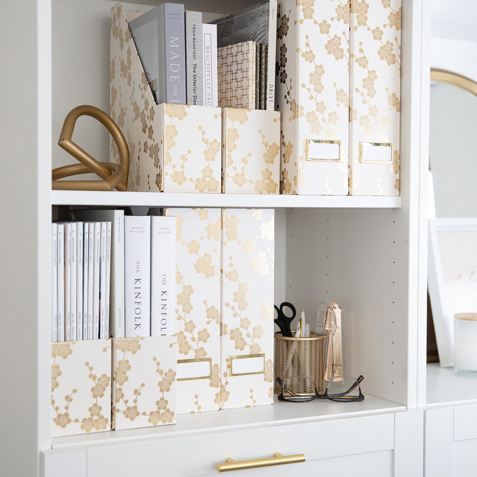 BLU MONACO | Set of 4 Foldable Magazine Storage Boxes with Gold Floral Pattern | Decorative
