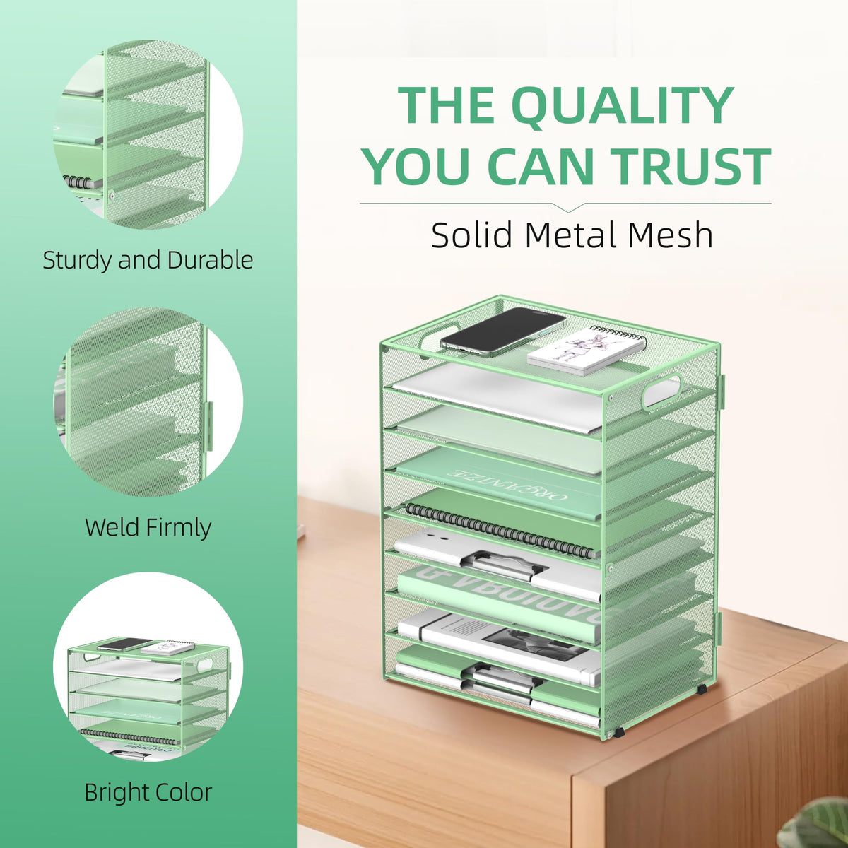 9-Tier Paper Organizer for Desk with Handles, Mint Green, 2 Pack