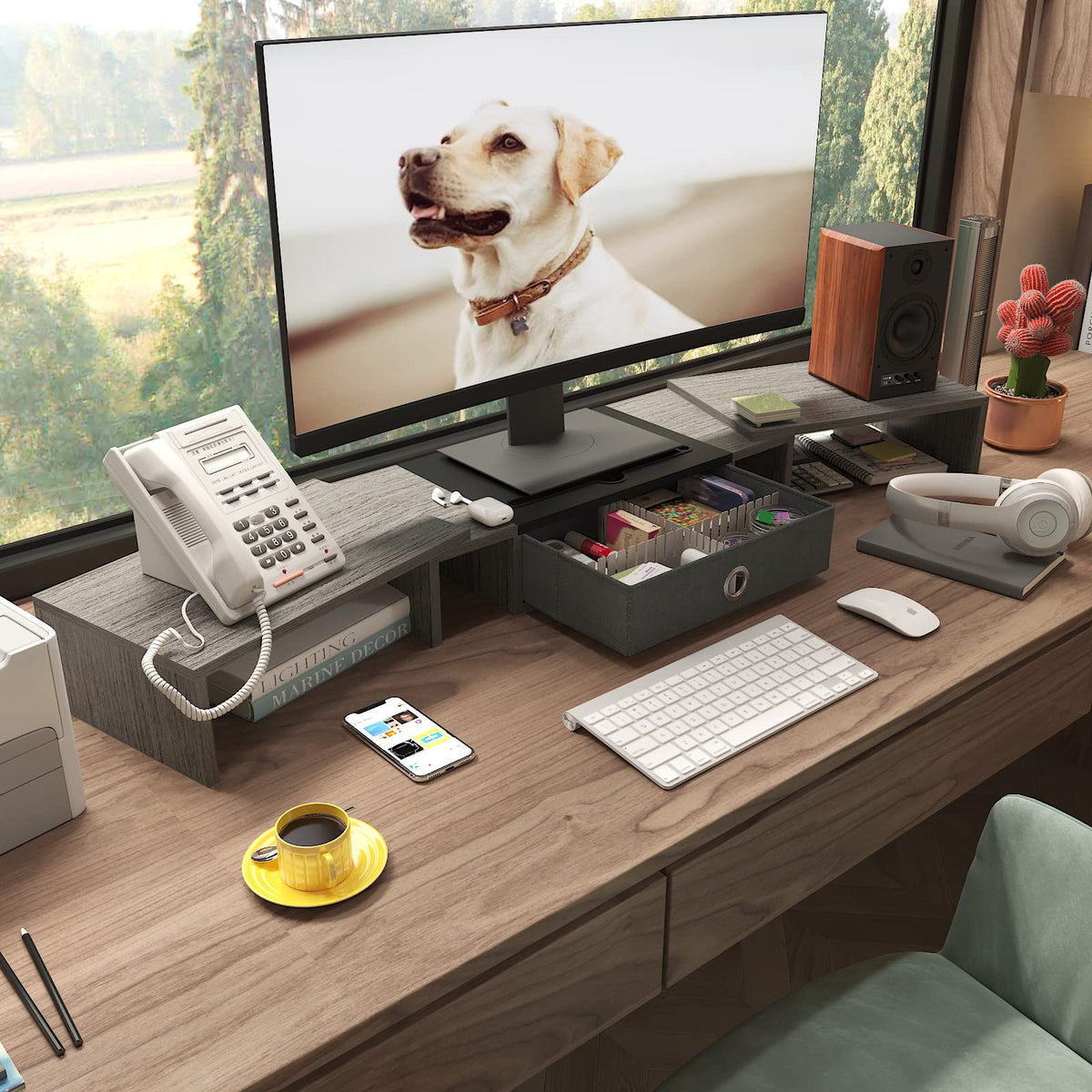 WESTREE Triple Dual Monitor Stand Riser with Drawer,Extra Large Adjustable for 2~3 Monitors,Solt