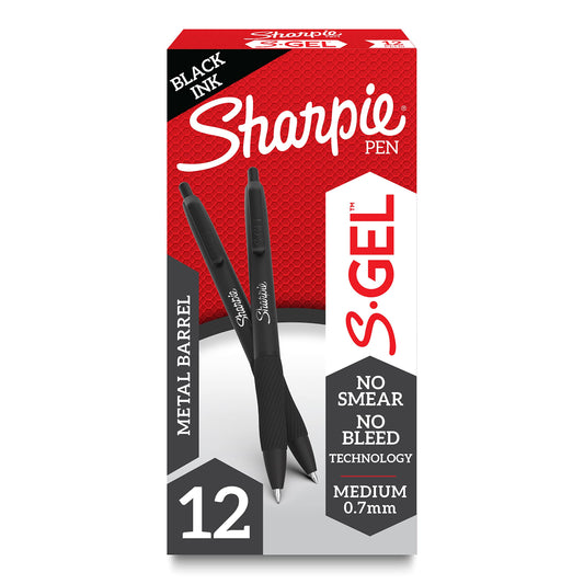 Sharpie S-Gel Pens, Sleek Metal Barrel, Matte Black, Medium Point (0.7mm), Black Gel Ink, 12 Count