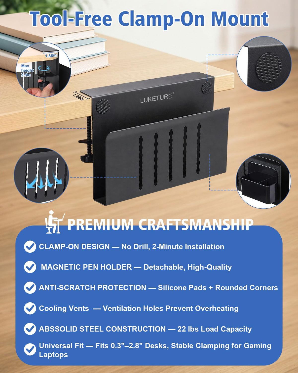 LUKETURE Desk Side Storage Laptop Holder No Drill Clamp On Organizer