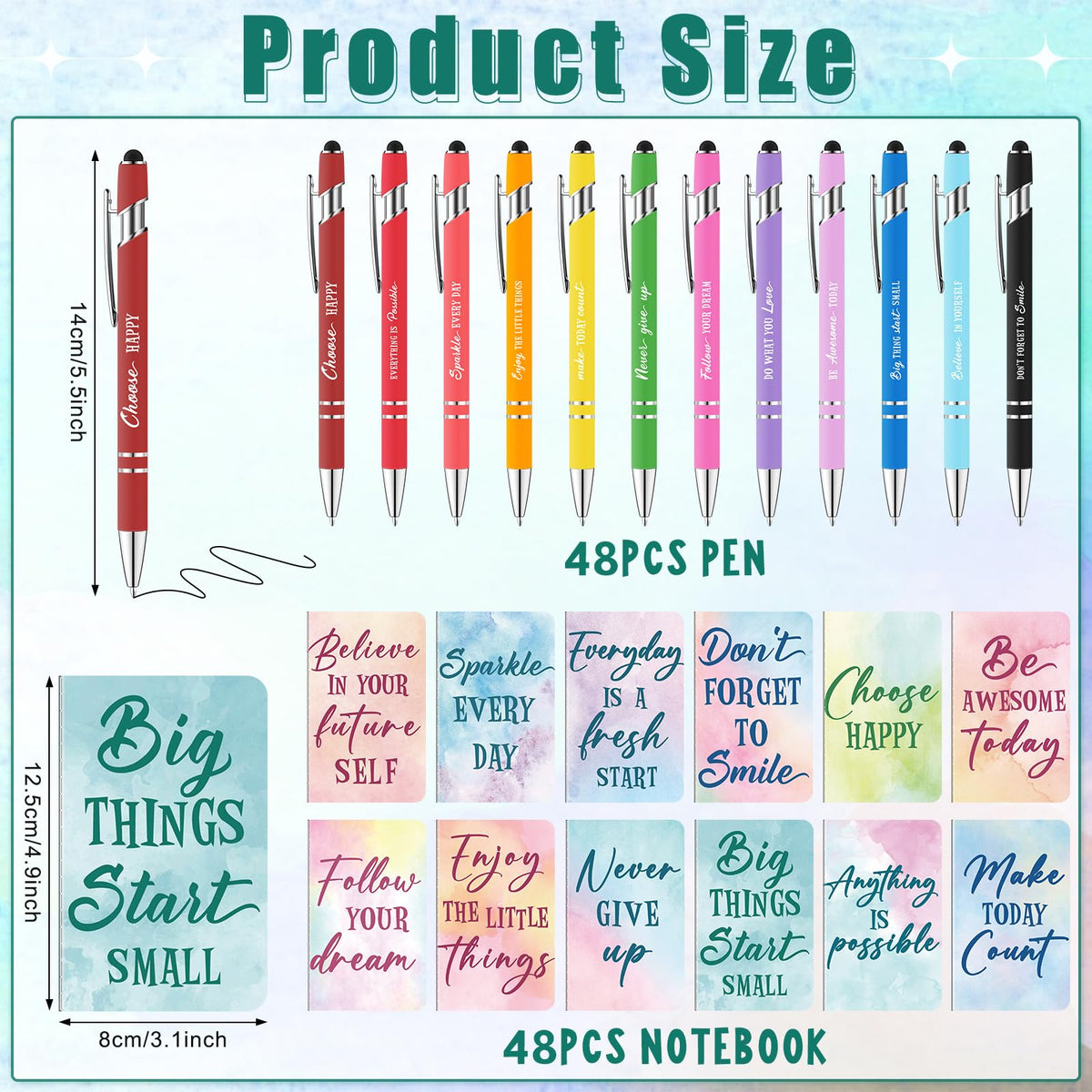 96 Pcs Watercolor Bulk Motivational Pens Inspirational Notepads Set