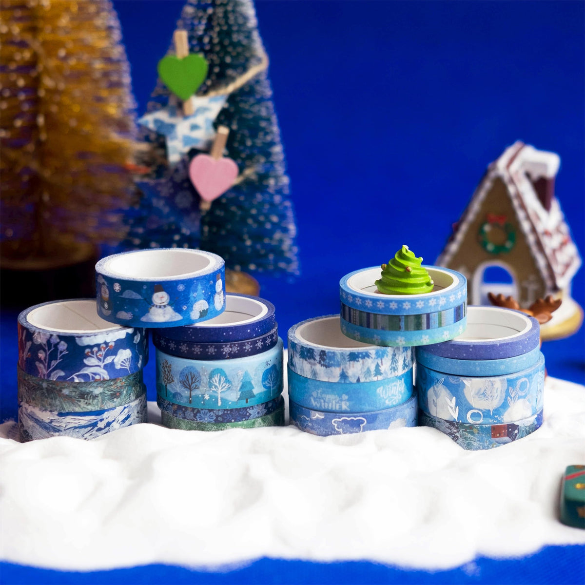 YUBX Winter Washi Tape Set 19 Rolls Skinny Snow Embellishment Blue Silver Foil Decorative Masking