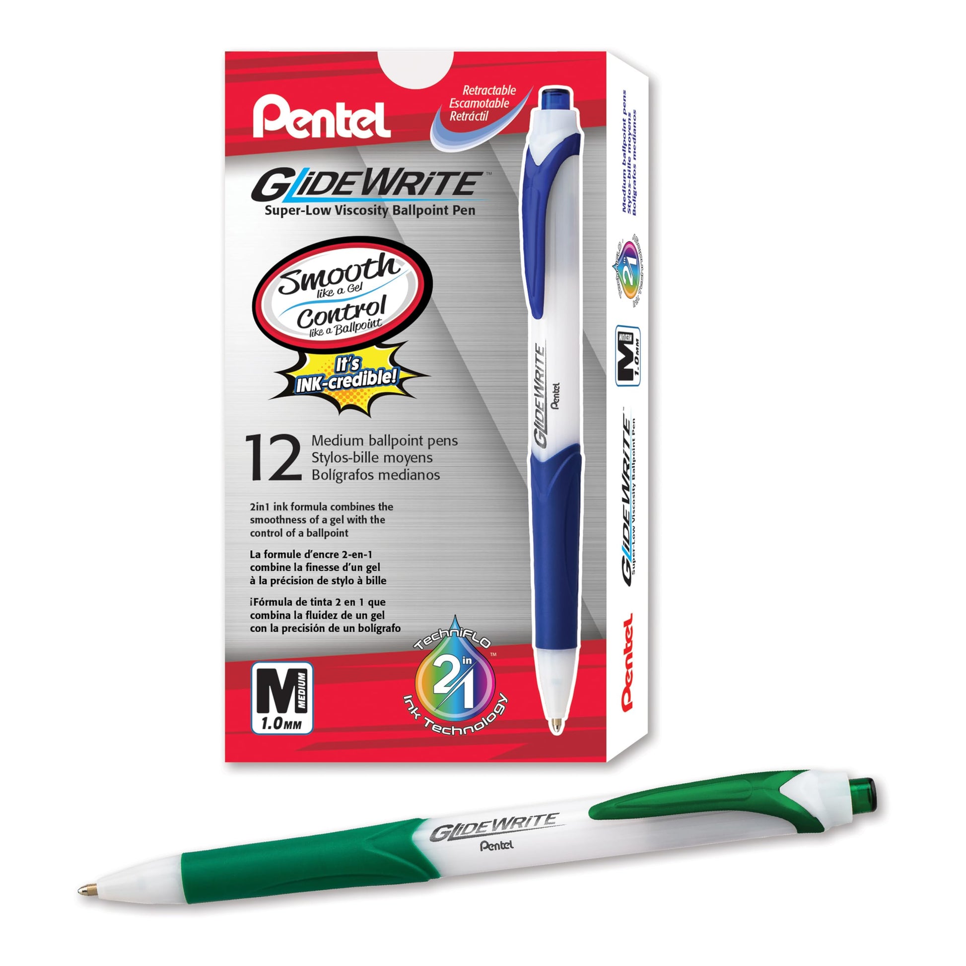 Pentel GlideWrite Ballpoint Pen with TechniFlo Ink, (1.0mm) Medium Line, Green, Box of 12 (BX910-D)