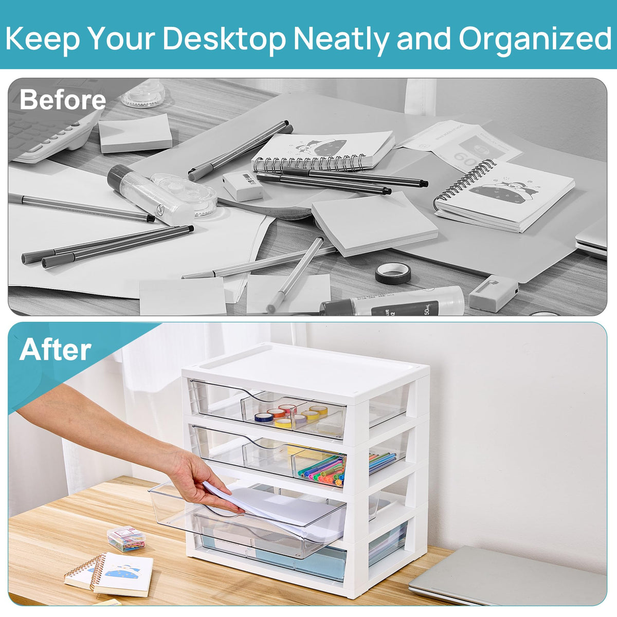 Vtopmart Clear Desktop Organizer, 4-Tier Drawer Storage with Dividers