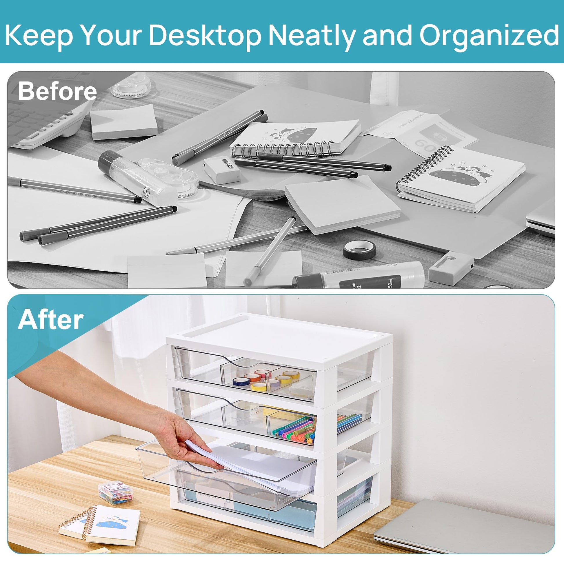 Vtopmart Clear Desktop Organizer, 4-Tier Drawer Storage with Dividers