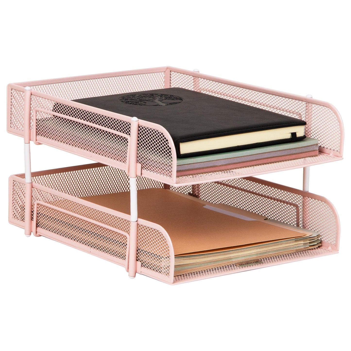 Mind Reader Stackable Paper Tray, Desktop Organizer, File Storage, Office, Metal Mesh, 2 Pcs, Pink