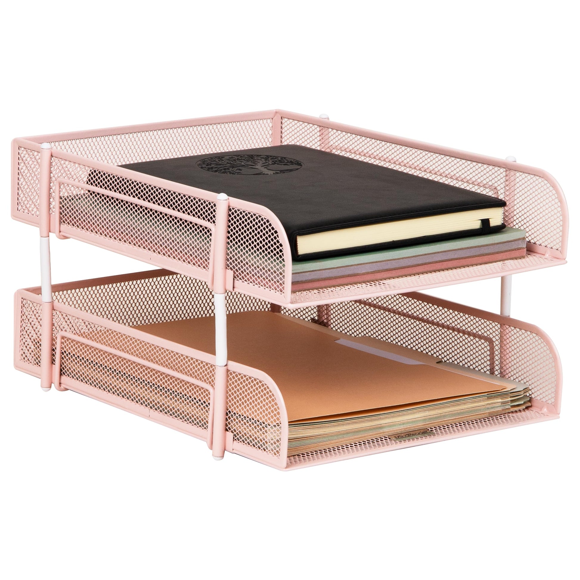 Mind Reader Stackable Paper Tray, Desktop Organizer, File Storage, Office, Metal Mesh, 2 Pcs, Pink