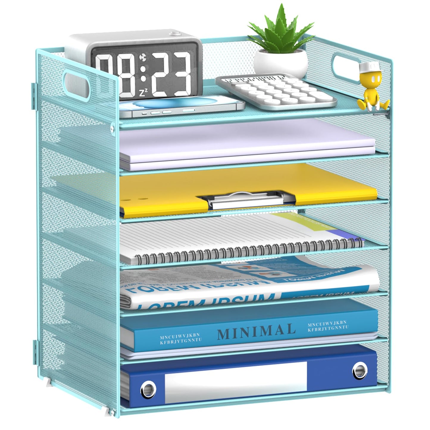 ReePlan 7 Tier Paper Organizer for Desk with Letter Trays & Handle Blue