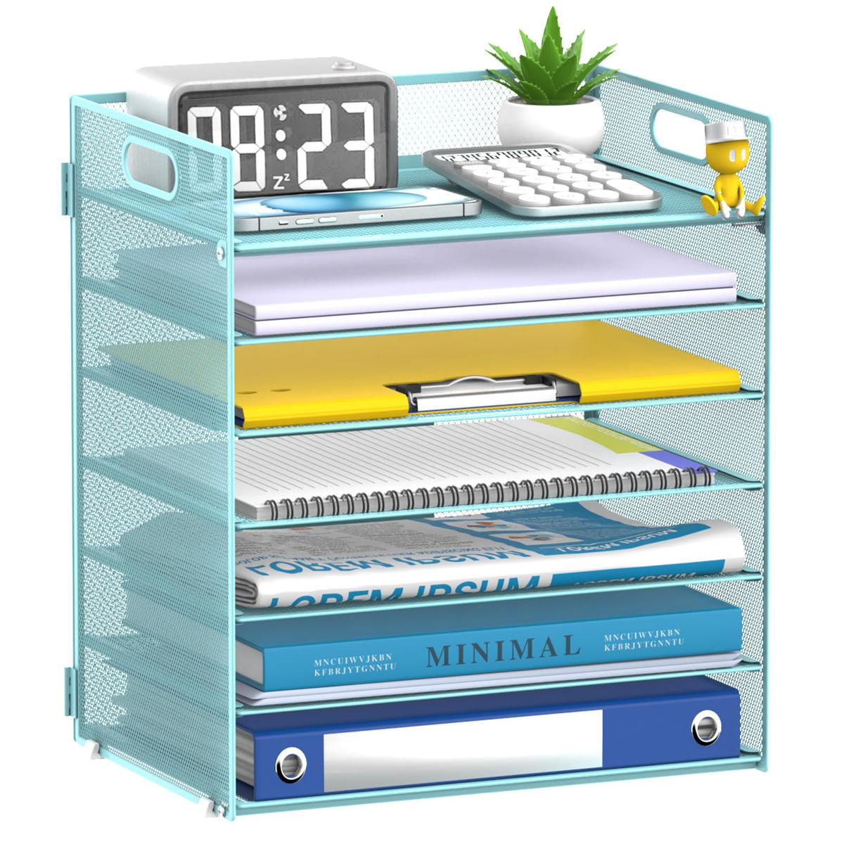 ReePlan 7 Tier Paper Organizer for Desk with Letter Trays & Handle Blue