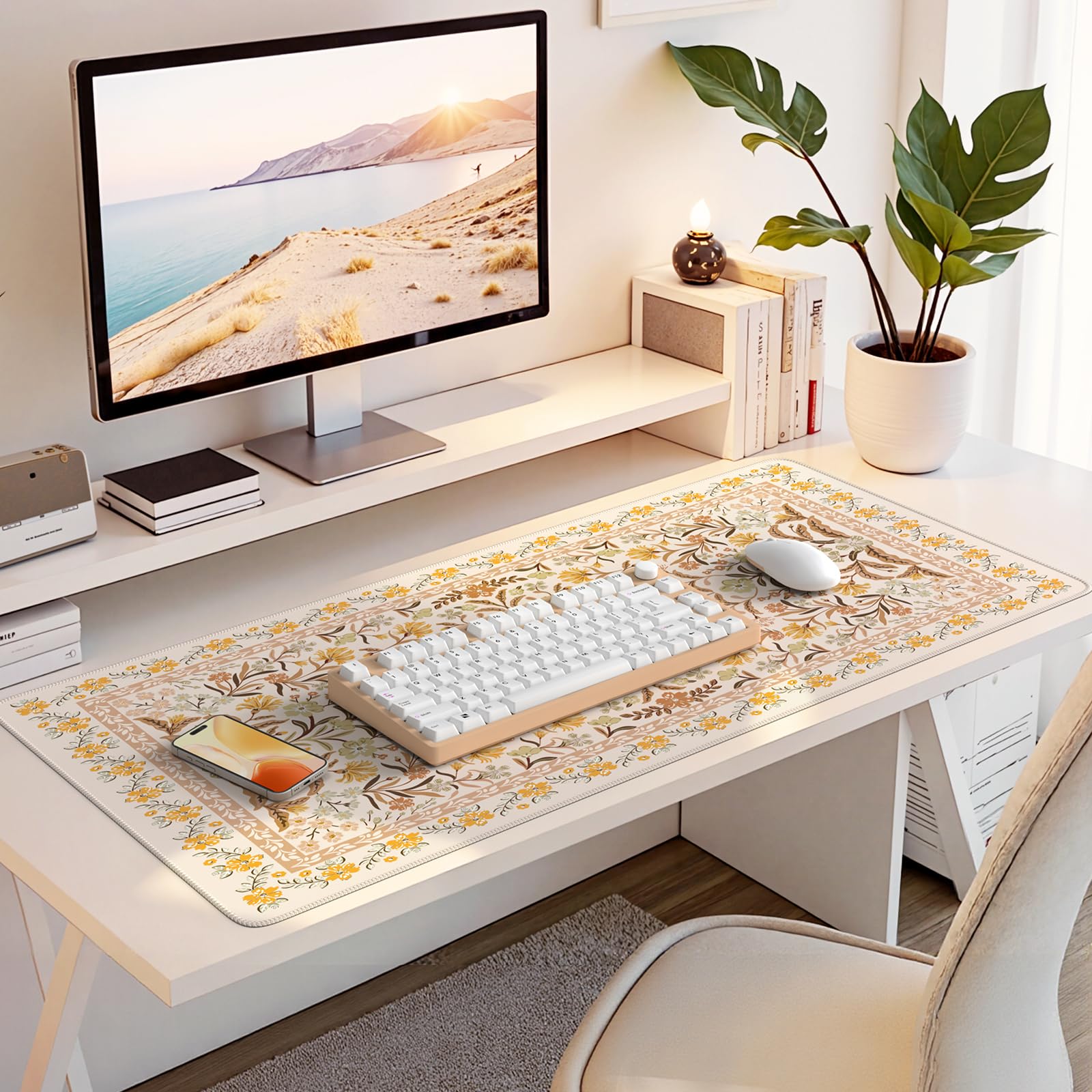 HAOCOO Large Desk Pad for Women Office, Cute Floral Mouse Mat(Brown)
