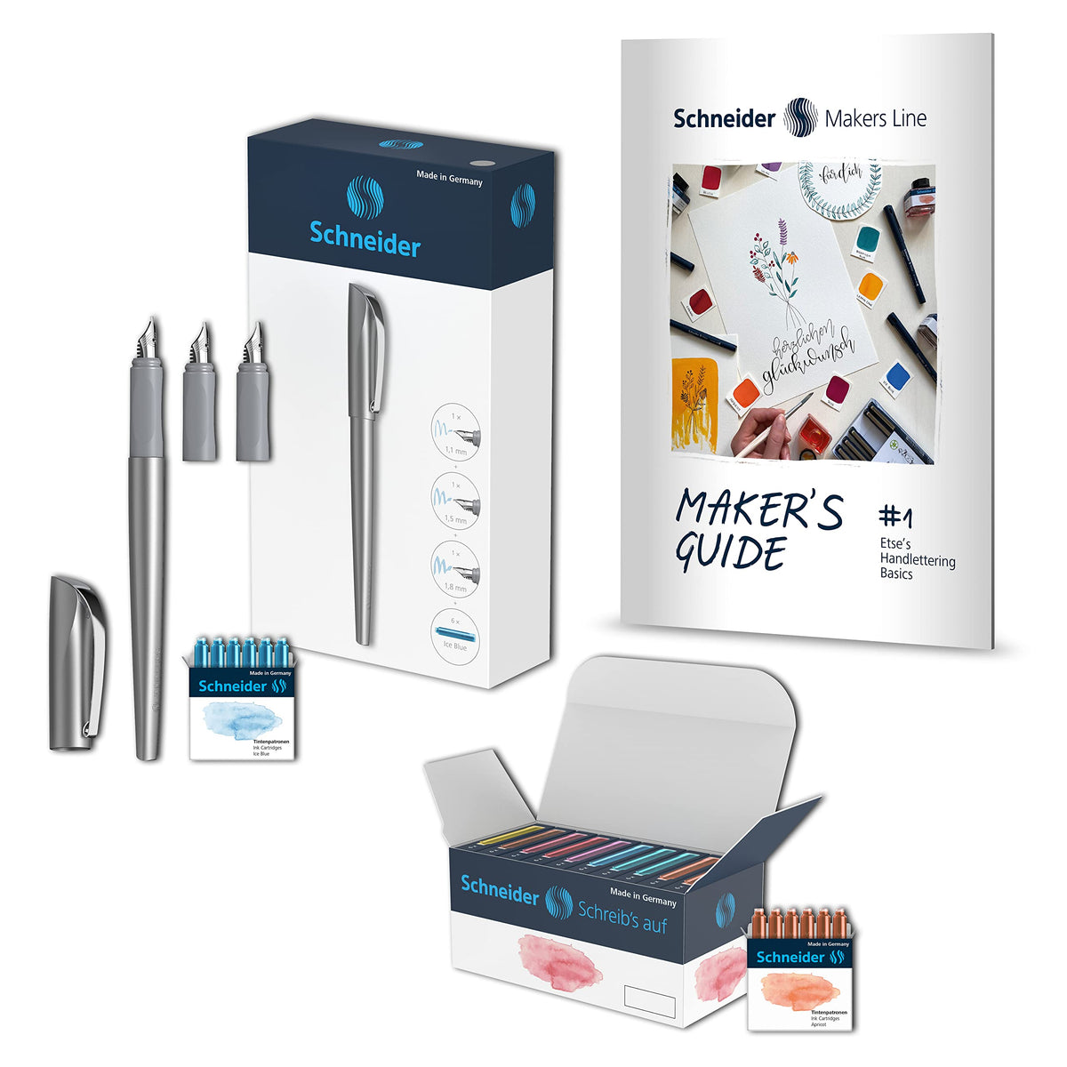 Schneider Callissima 399458 Calligraphy Set (Fountain Pen with 3 Nib Widths, 66 Pastel Cartridges