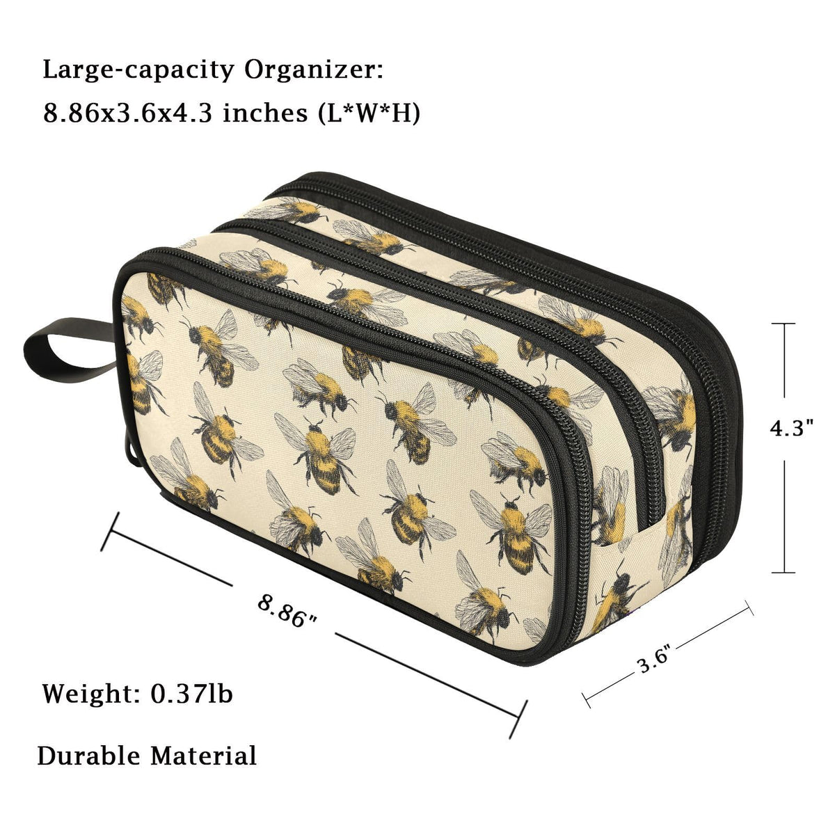 Fustylead Rural Honeybee Retro Floral Large Pencil Pen Case Stationery Bag, 3 Compartments School