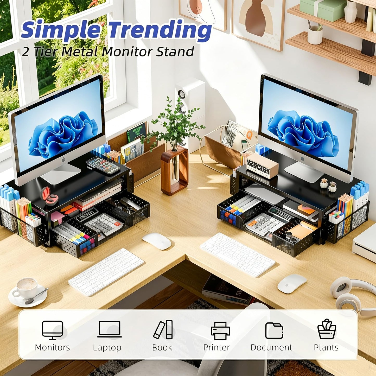 Simple Trending Desk Organizer and Accessories, Monitor Stand Riser, Black