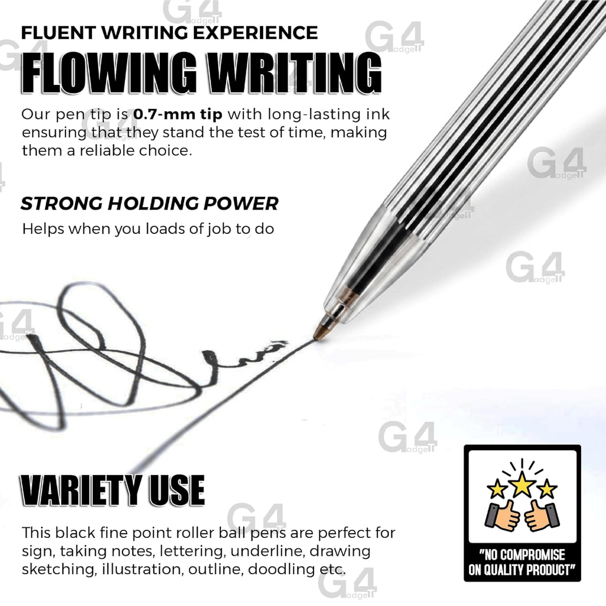G4GADGET Premium Pack of 10 Black Biro Ballpoint Pens - Medium Tip for Fluent, Smooth Writing