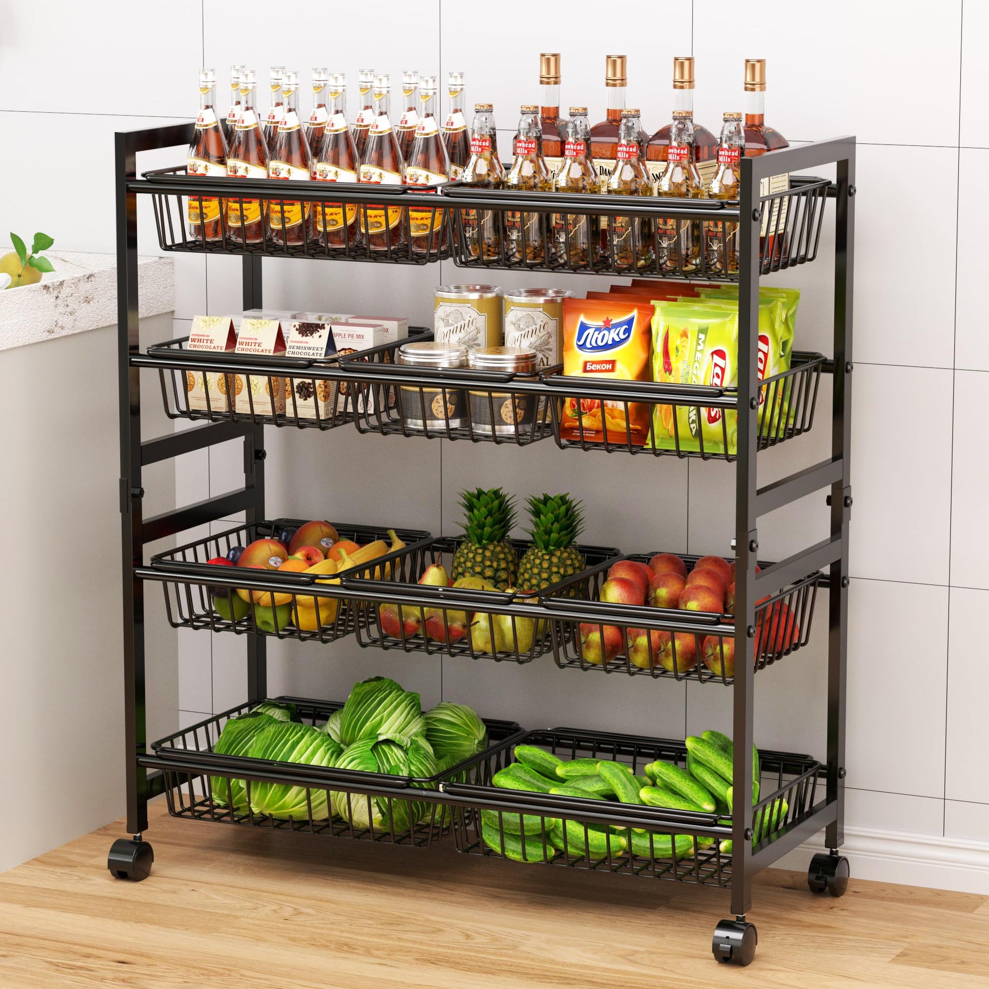 Cinati 4-Tier Snack Cart with Wheels, 29''W Toy Storage Organizer, Rolling Pantry Storage Cart with