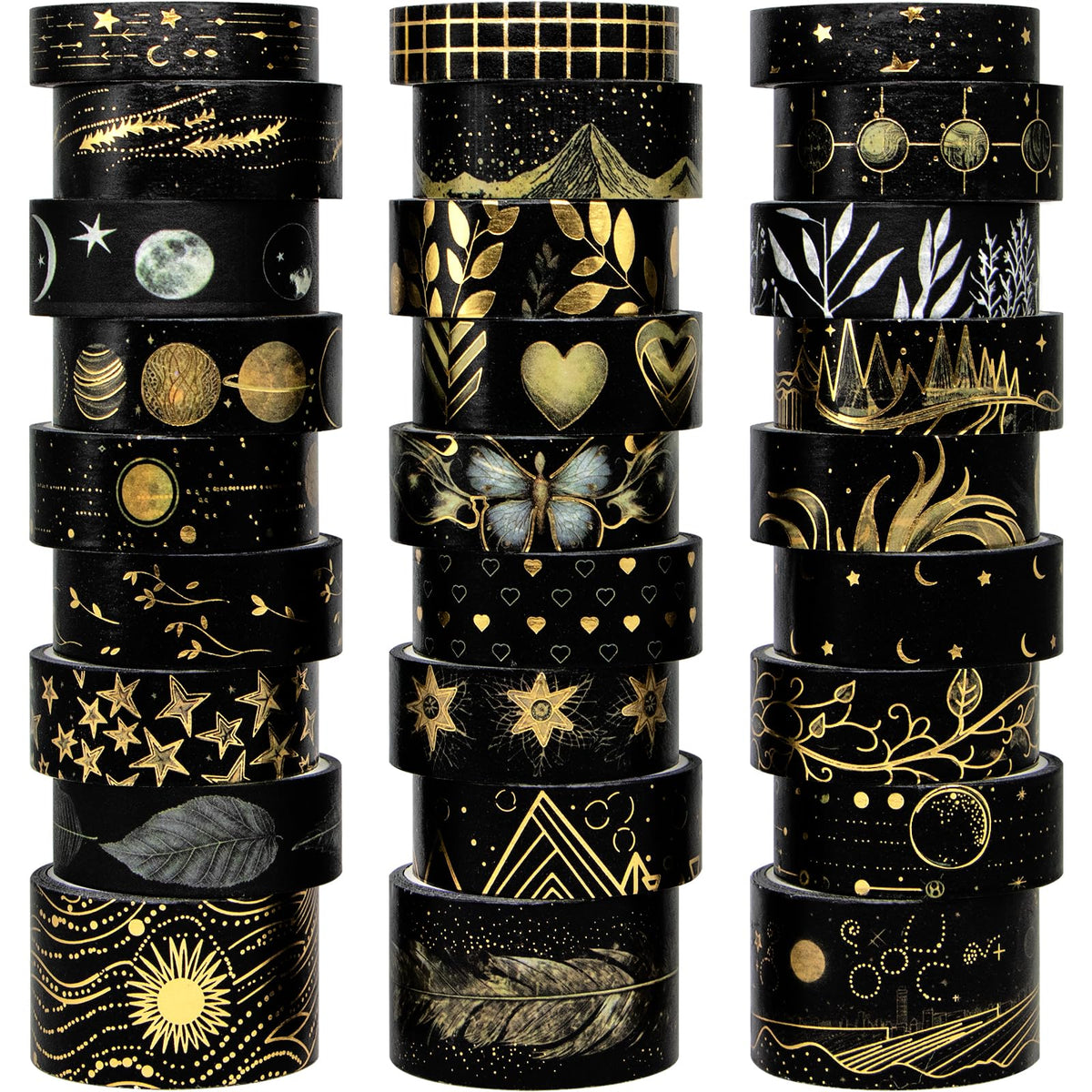 NANYNNU Black Washi Tape Set, 27 Rolls Black Gold Foil Decorative Masking Tape for Bullet