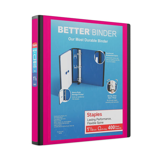 Staples Better Binder, 1.5 Inch D-Ring, Pink, 400 Sheets, 3-Pack