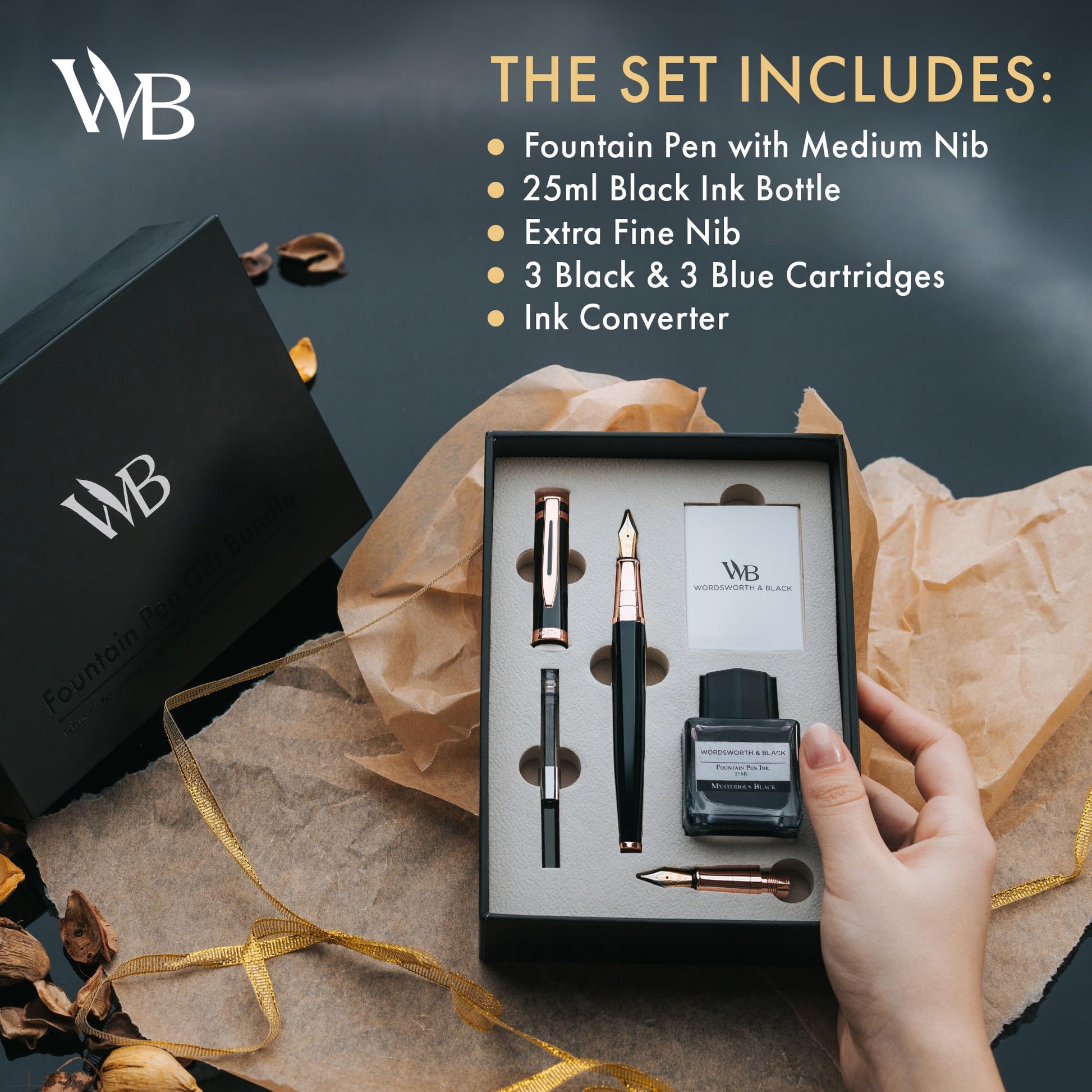 Wordsworth & Black Fountain Pen Gift Set, Medium & Extra Fine Nib, Black Rose