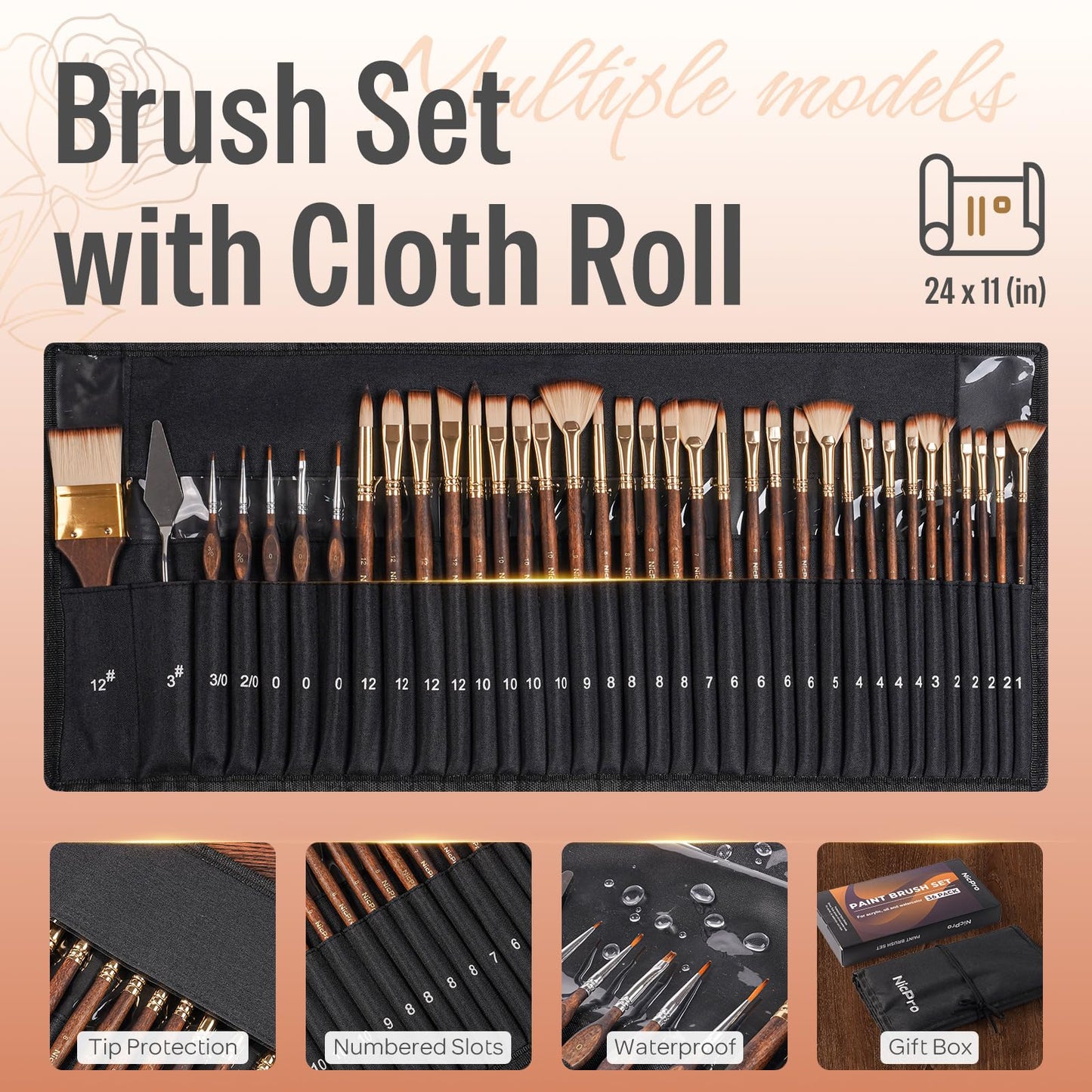 Nicpro 36pcs Paint Brush Set for Acrylic Painting,Oil, Watercolor (Golden)