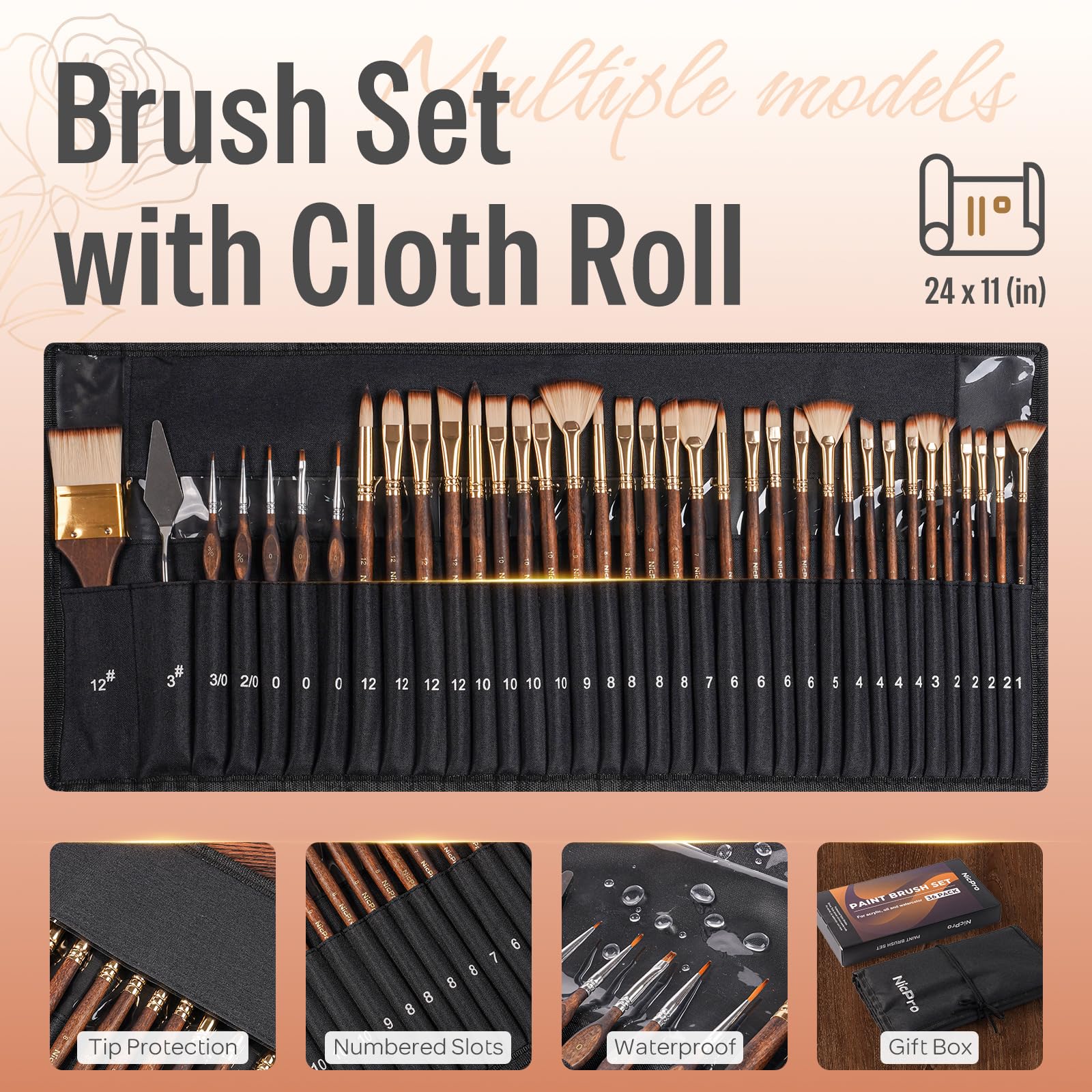 Nicpro 36pcs Paint Brush Set for Acrylic Painting,Oil, Watercolor (Golden)