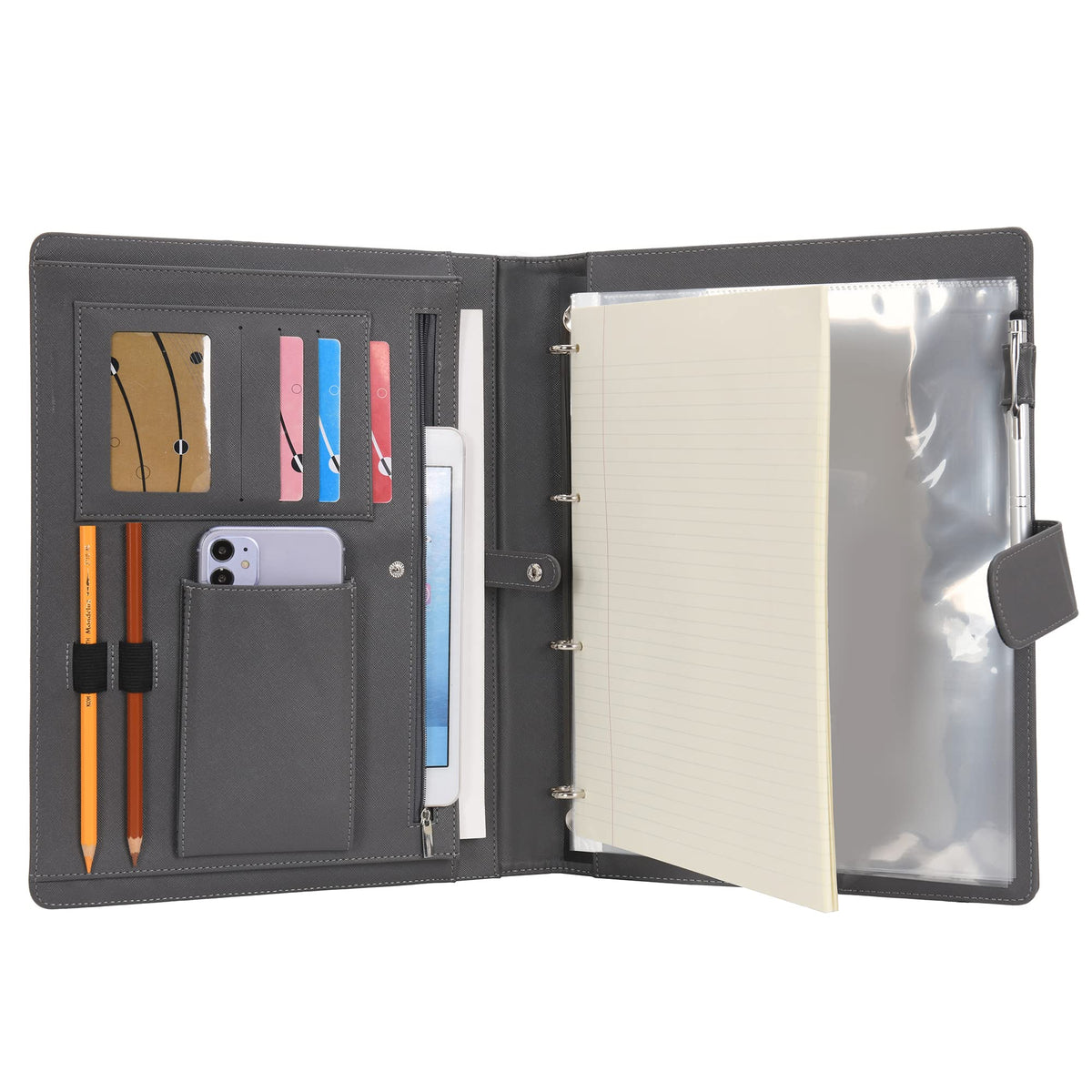 Wonderpool A4 PU Leather 3 & 4 Ring Holder Writing Portfolio Multi Document Case with Removable